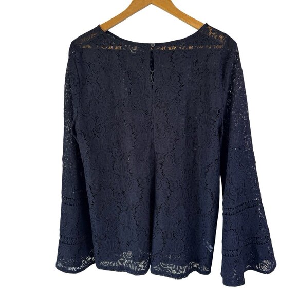 Ann Taylor LOFT Lace Tunic Top XL Dark Blue Bell Sleeve Sheer - Picture 3 of 10